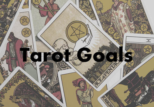 Text says Tarot Goals over a background image of Rider Waite Smith Tarot cards spread out on top of each other.