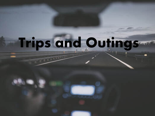 A picture of a road taken from inside a car. Over the picture is text that says Trips and Outings.